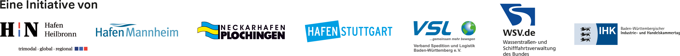 Eine Initiative von: Hafen Heilbronn · Hafen Mannheim · Neckarhafen Plochingen · Hafen Stuttgart · Verband Spedition und Logistik BW e.V. · Wasserstraßen- und Schifffahrtsverwaltung des Bundes · Baden-Württembergischer Industrie- und Handelskammertag